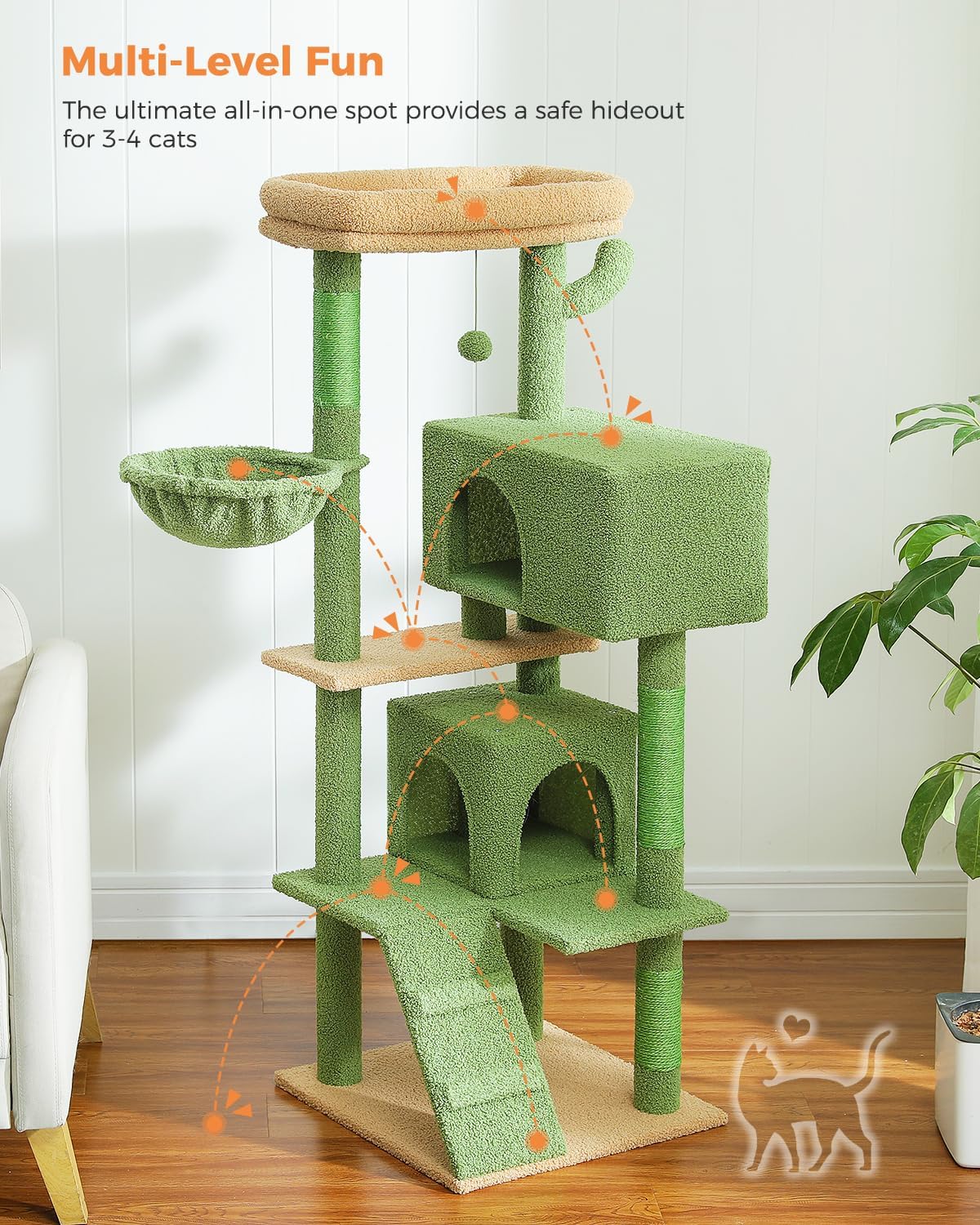 Cactus Cat Tree for Adult Cats with Super Large Top Perch, 56.3" Cat Tower for Cats with Plush Hammock, Dangling Pompom, Cat Scratching Posts and 2 Condos, Green House