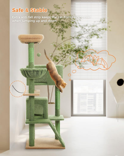 Cactus Cat Tree for Adult Cats with Super Large Top Perch, 56.3" Cat Tower for Cats with Plush Hammock, Dangling Pompom, Cat Scratching Posts and 2 Condos, Green House