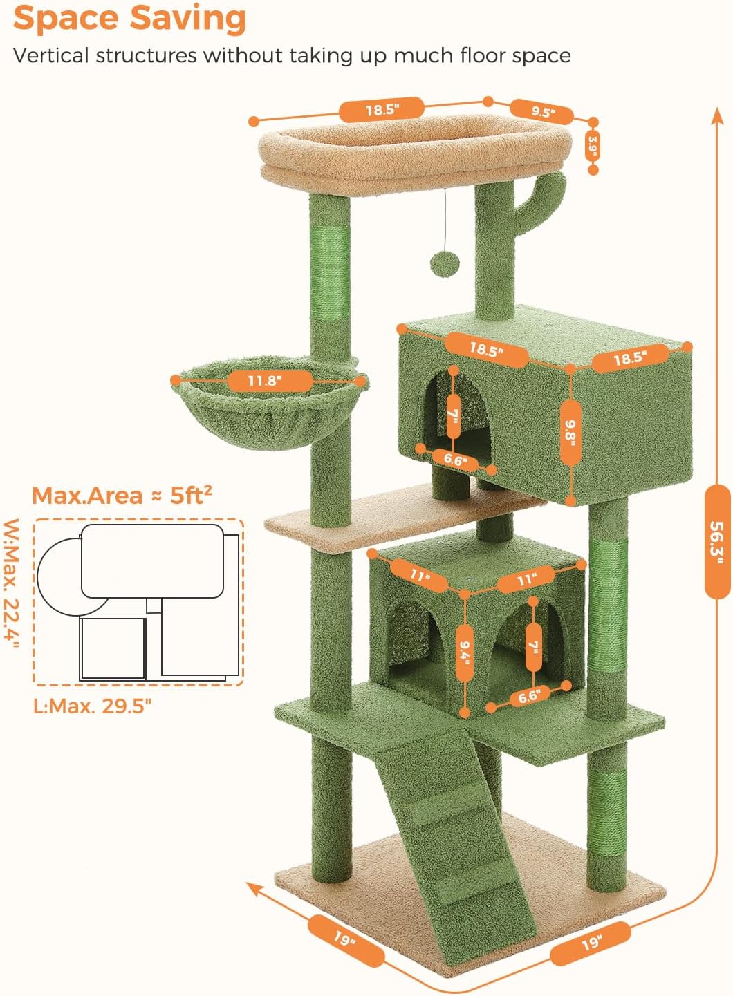 Cactus Cat Tree for Adult Cats with Super Large Top Perch, 56.3" Cat Tower for Cats with Plush Hammock, Dangling Pompom, Cat Scratching Posts and 2 Condos, Green House