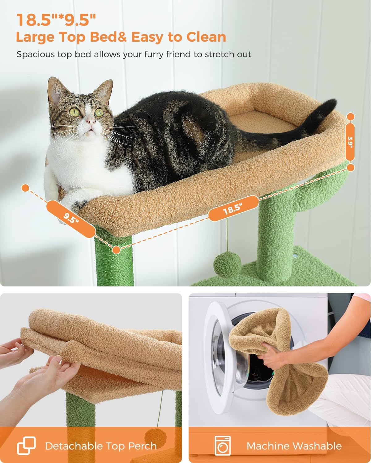 Cactus Cat Tree for Adult Cats with Super Large Top Perch, 56.3" Cat Tower for Cats with Plush Hammock, Dangling Pompom, Cat Scratching Posts and 2 Condos, Green House