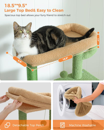 Cactus Cat Tree for Adult Cats with Super Large Top Perch, 56.3" Cat Tower for Cats with Plush Hammock, Dangling Pompom, Cat Scratching Posts and 2 Condos, Green House