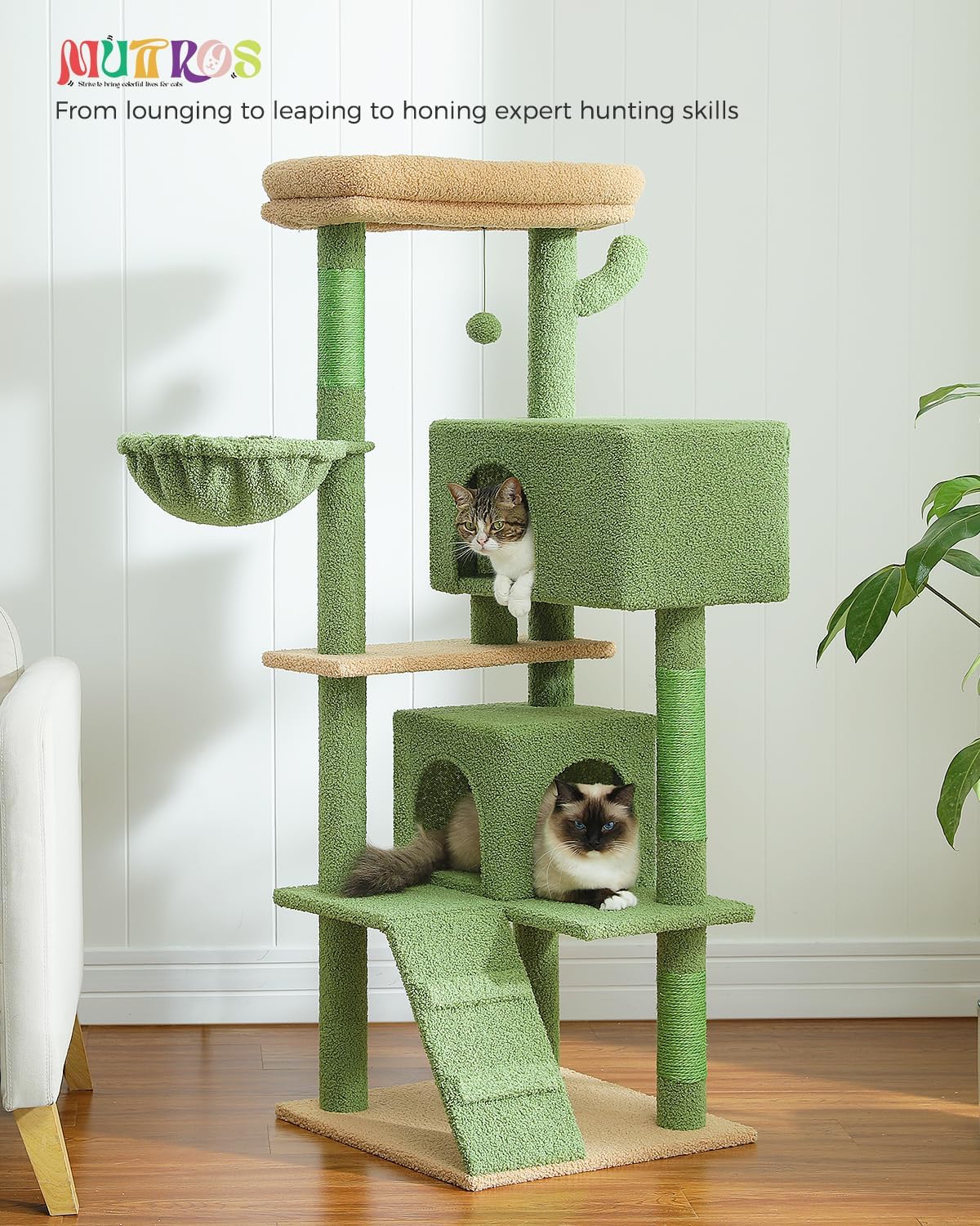 Cactus Cat Tree for Adult Cats with Super Large Top Perch, 56.3" Cat Tower for Cats with Plush Hammock, Dangling Pompom, Cat Scratching Posts and 2 Condos, Green House