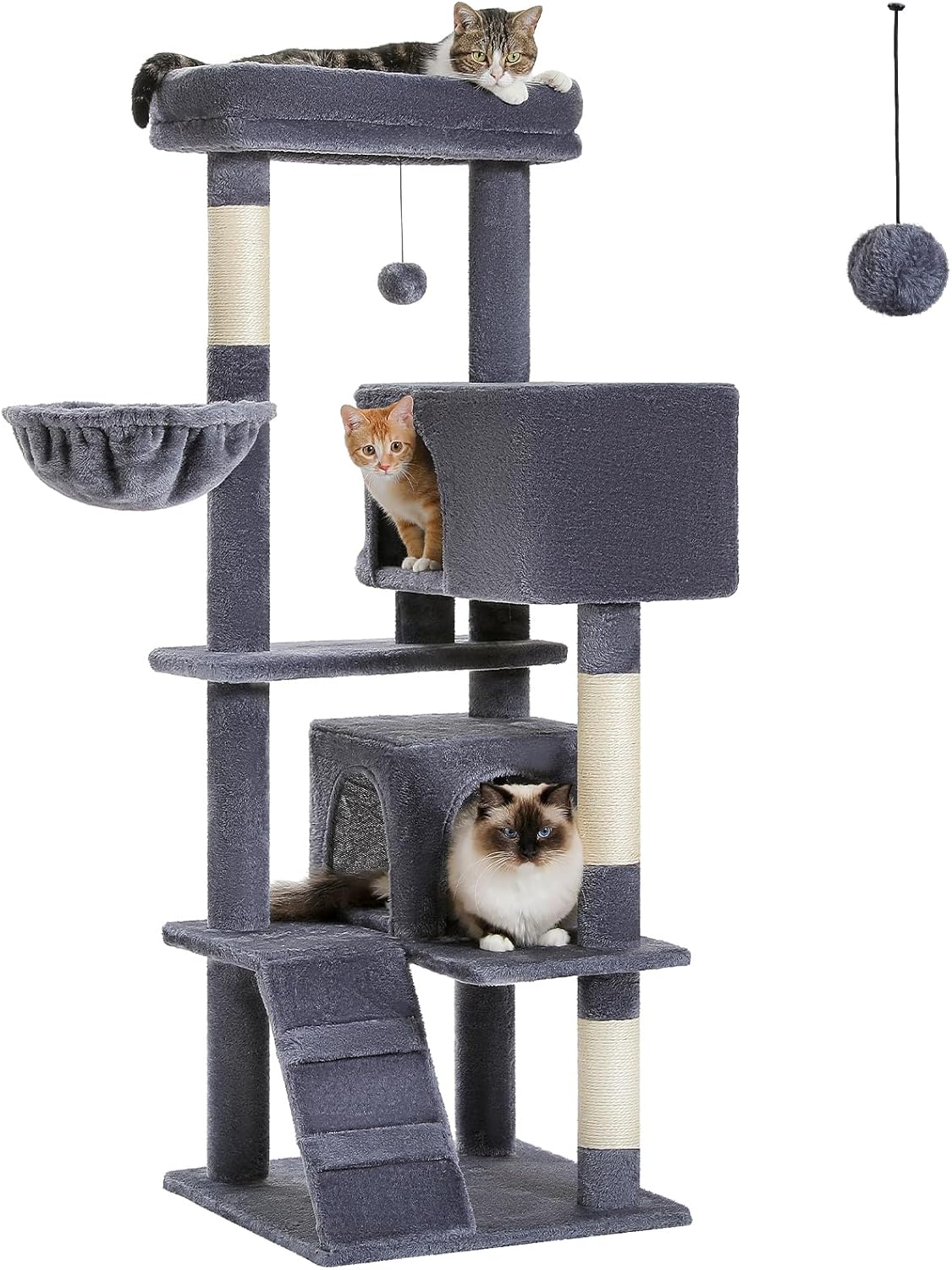 Cactus Cat Tree for Adult Cats with Super Large Top Perch, 56.3" Cat Tower for Cats with Plush Hammock, Dangling Pompom, Cat Scratching Posts and 2 Condos, Green House