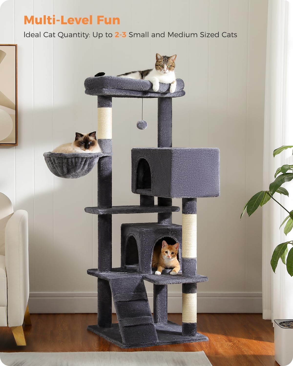 Cactus Cat Tree for Adult Cats with Super Large Top Perch, 56.3" Cat Tower for Cats with Plush Hammock, Dangling Pompom, Cat Scratching Posts and 2 Condos, Green House