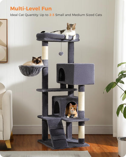 Cactus Cat Tree for Adult Cats with Super Large Top Perch, 56.3" Cat Tower for Cats with Plush Hammock, Dangling Pompom, Cat Scratching Posts and 2 Condos, Green House