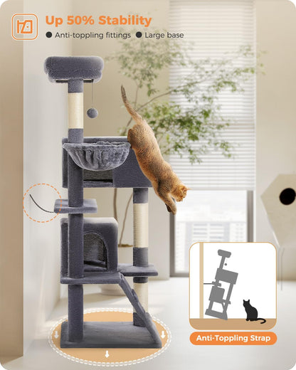 Cactus Cat Tree for Adult Cats with Super Large Top Perch, 56.3" Cat Tower for Cats with Plush Hammock, Dangling Pompom, Cat Scratching Posts and 2 Condos, Green House