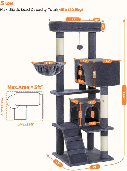 Cactus Cat Tree for Adult Cats with Super Large Top Perch, 56.3" Cat Tower for Cats with Plush Hammock, Dangling Pompom, Cat Scratching Posts and 2 Condos, Green House
