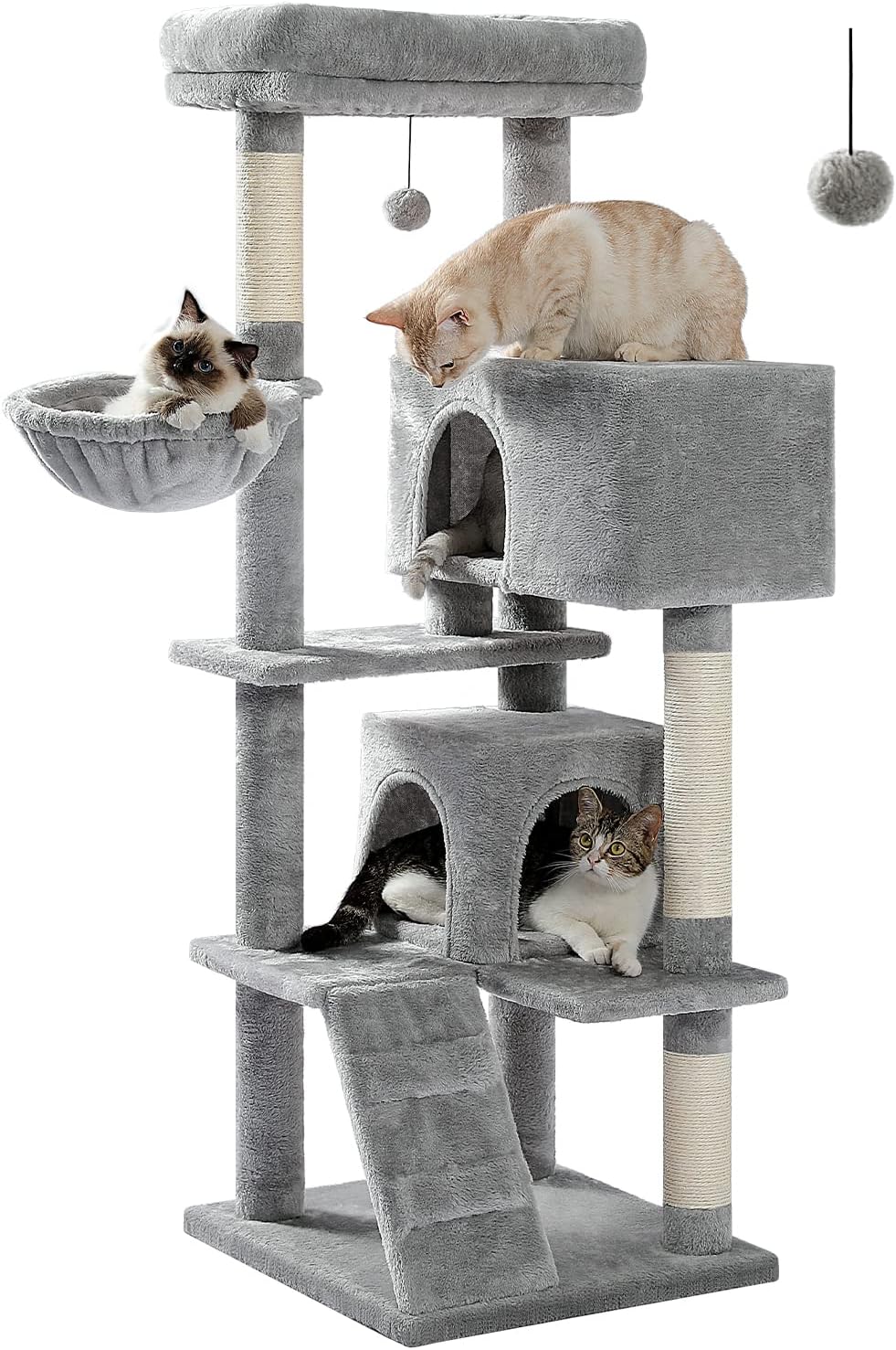 Cactus Cat Tree for Adult Cats with Super Large Top Perch, 56.3" Cat Tower for Cats with Plush Hammock, Dangling Pompom, Cat Scratching Posts and 2 Condos, Green House