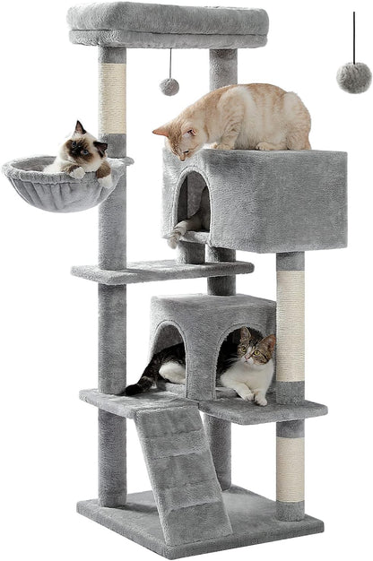 Cactus Cat Tree for Adult Cats with Super Large Top Perch, 56.3" Cat Tower for Cats with Plush Hammock, Dangling Pompom, Cat Scratching Posts and 2 Condos, Green House