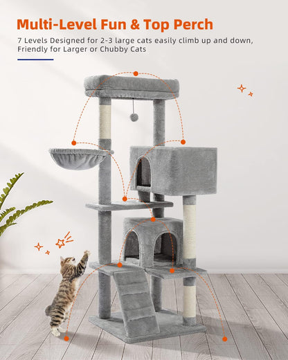 Cactus Cat Tree for Adult Cats with Super Large Top Perch, 56.3" Cat Tower for Cats with Plush Hammock, Dangling Pompom, Cat Scratching Posts and 2 Condos, Green House