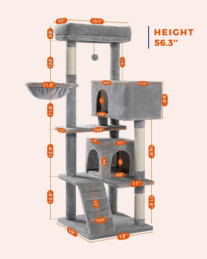 Cactus Cat Tree for Adult Cats with Super Large Top Perch, 56.3" Cat Tower for Cats with Plush Hammock, Dangling Pompom, Cat Scratching Posts and 2 Condos, Green House