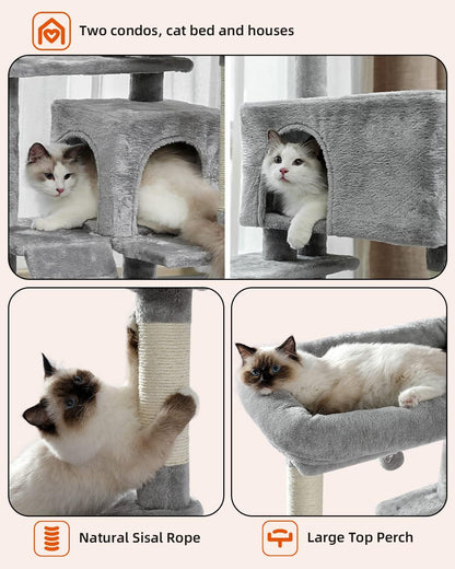 Cactus Cat Tree for Adult Cats with Super Large Top Perch, 56.3" Cat Tower for Cats with Plush Hammock, Dangling Pompom, Cat Scratching Posts and 2 Condos, Green House