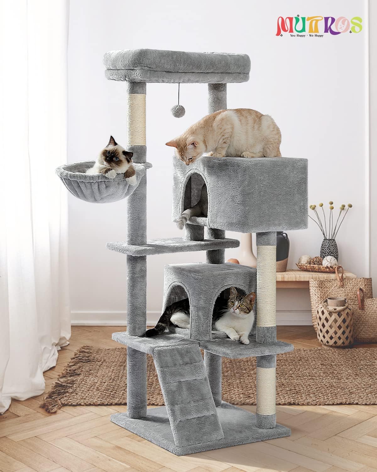 Cactus Cat Tree for Adult Cats with Super Large Top Perch, 56.3" Cat Tower for Cats with Plush Hammock, Dangling Pompom, Cat Scratching Posts and 2 Condos, Green House