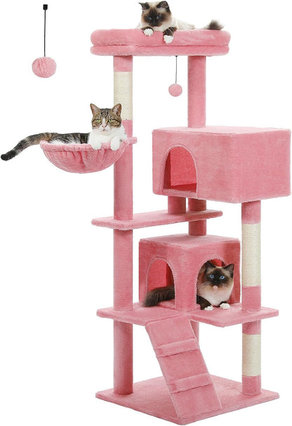Cactus Cat Tree for Adult Cats with Super Large Top Perch, 56.3" Cat Tower for Cats with Plush Hammock, Dangling Pompom, Cat Scratching Posts and 2 Condos, Green House