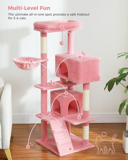 Cactus Cat Tree for Adult Cats with Super Large Top Perch, 56.3" Cat Tower for Cats with Plush Hammock, Dangling Pompom, Cat Scratching Posts and 2 Condos, Green House