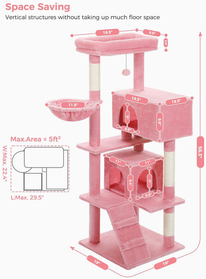 Cactus Cat Tree for Adult Cats with Super Large Top Perch, 56.3" Cat Tower for Cats with Plush Hammock, Dangling Pompom, Cat Scratching Posts and 2 Condos, Green House