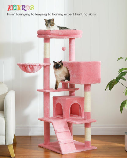 Cactus Cat Tree for Adult Cats with Super Large Top Perch, 56.3" Cat Tower for Cats with Plush Hammock, Dangling Pompom, Cat Scratching Posts and 2 Condos, Green House
