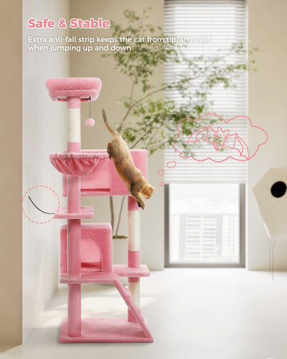 Cactus Cat Tree for Adult Cats with Super Large Top Perch, 56.3" Cat Tower for Cats with Plush Hammock, Dangling Pompom, Cat Scratching Posts and 2 Condos, Green House