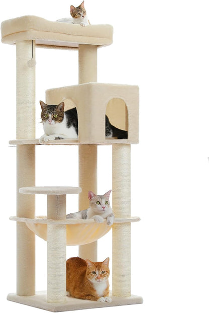Cactus Cat Tree for Adult Cats with Super Large Top Perch, 56.3" Cat Tower for Cats with Plush Hammock, Dangling Pompom, Cat Scratching Posts and 2 Condos, Green House