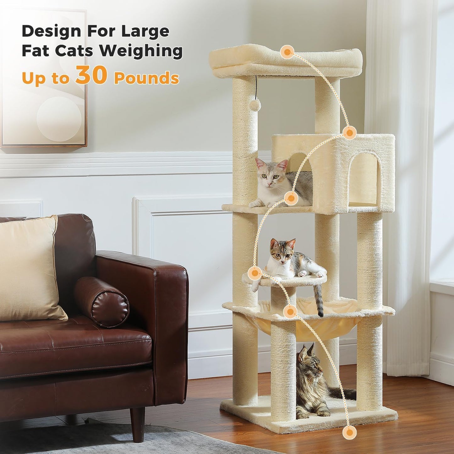 Cactus Cat Tree for Adult Cats with Super Large Top Perch, 56.3" Cat Tower for Cats with Plush Hammock, Dangling Pompom, Cat Scratching Posts and 2 Condos, Green House
