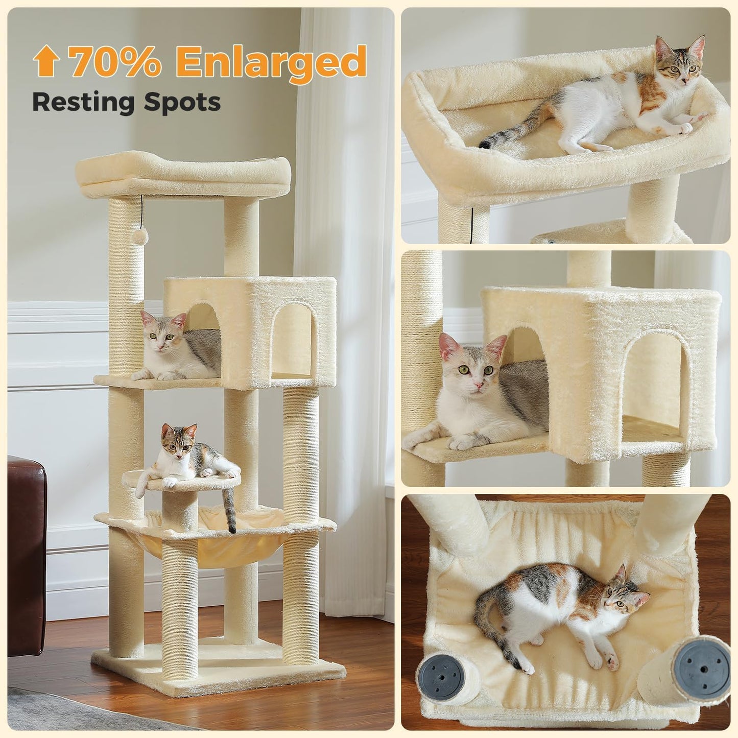 Cactus Cat Tree for Adult Cats with Super Large Top Perch, 56.3" Cat Tower for Cats with Plush Hammock, Dangling Pompom, Cat Scratching Posts and 2 Condos, Green House