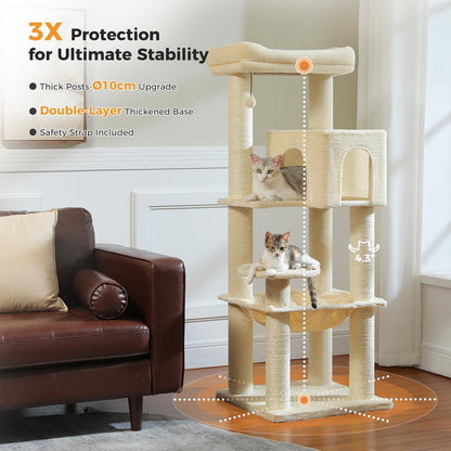 Cactus Cat Tree for Adult Cats with Super Large Top Perch, 56.3" Cat Tower for Cats with Plush Hammock, Dangling Pompom, Cat Scratching Posts and 2 Condos, Green House
