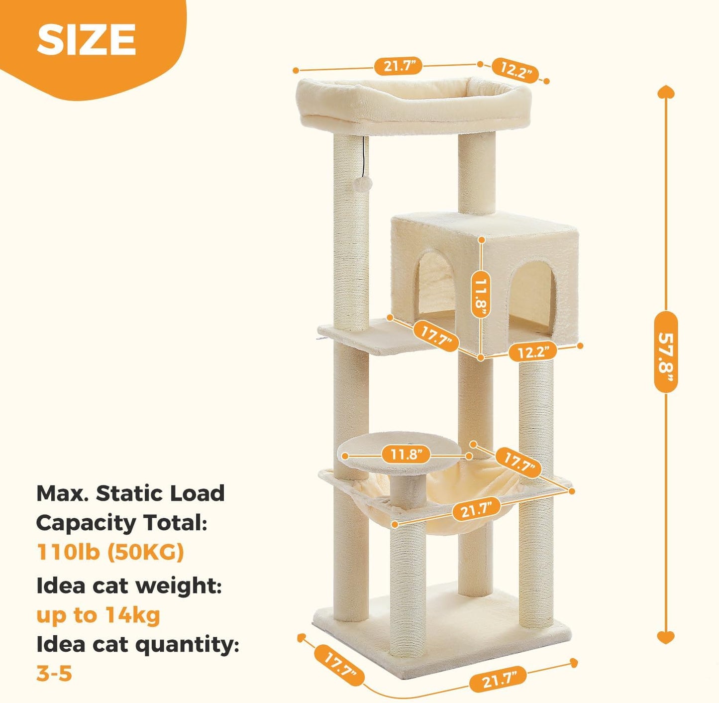 Cactus Cat Tree for Adult Cats with Super Large Top Perch, 56.3" Cat Tower for Cats with Plush Hammock, Dangling Pompom, Cat Scratching Posts and 2 Condos, Green House