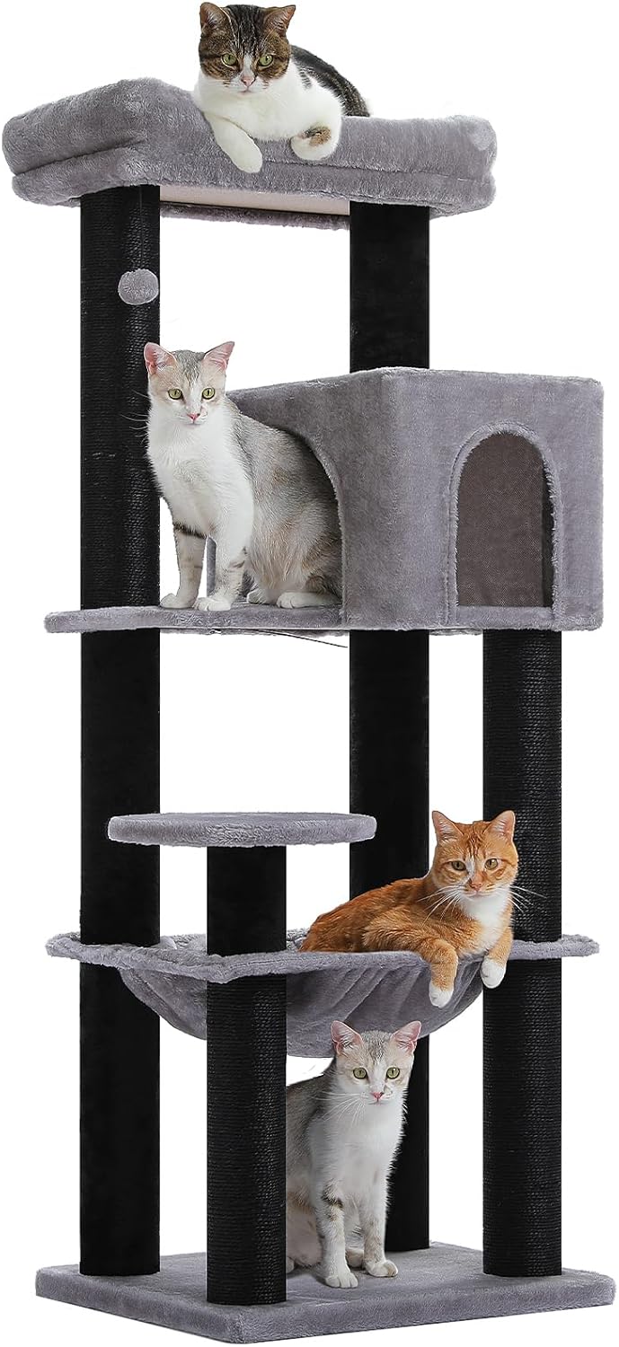 Cactus Cat Tree for Adult Cats with Super Large Top Perch, 56.3" Cat Tower for Cats with Plush Hammock, Dangling Pompom, Cat Scratching Posts and 2 Condos, Green House
