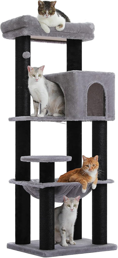 Cactus Cat Tree for Adult Cats with Super Large Top Perch, 56.3" Cat Tower for Cats with Plush Hammock, Dangling Pompom, Cat Scratching Posts and 2 Condos, Green House