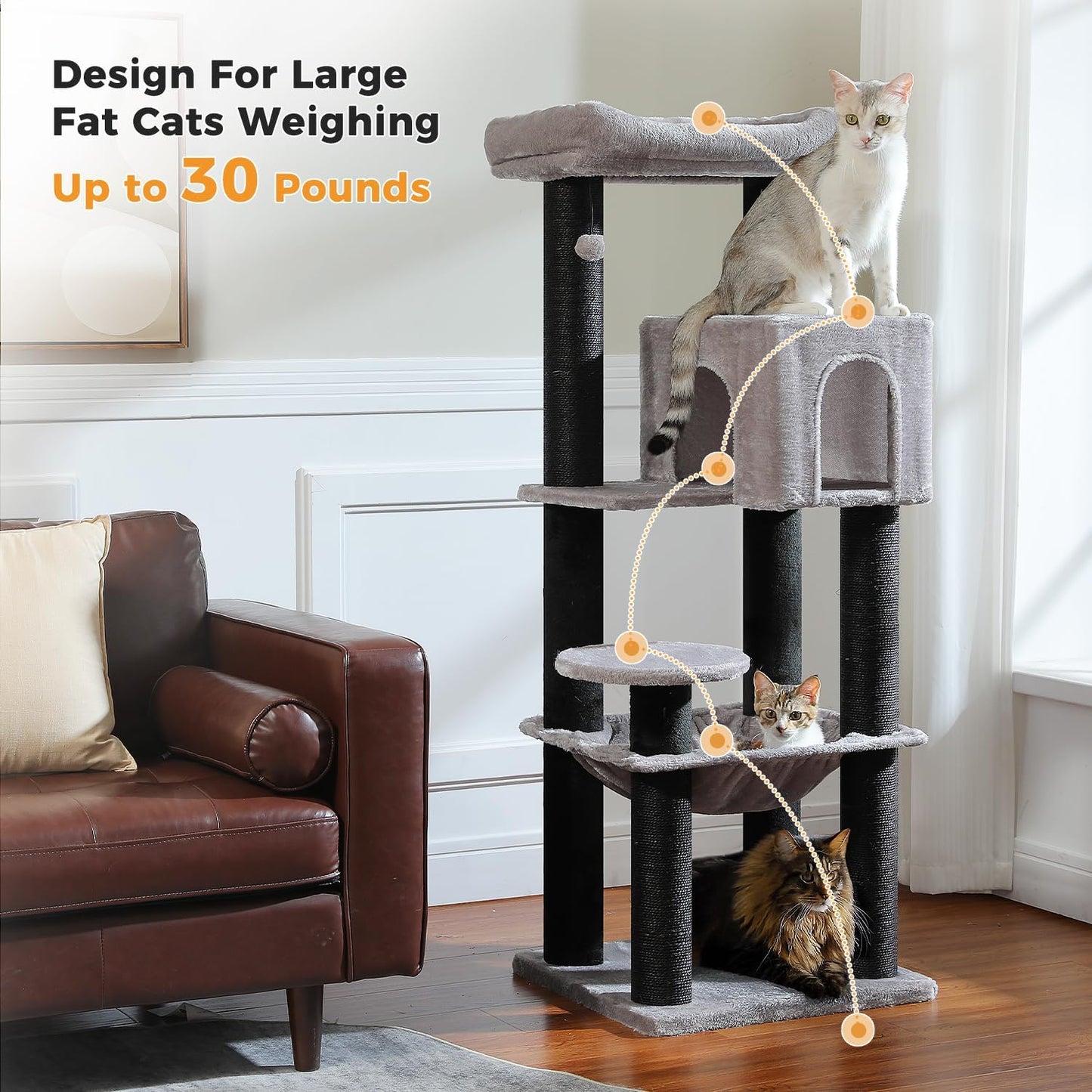 Cactus Cat Tree for Adult Cats with Super Large Top Perch, 56.3" Cat Tower for Cats with Plush Hammock, Dangling Pompom, Cat Scratching Posts and 2 Condos, Green House