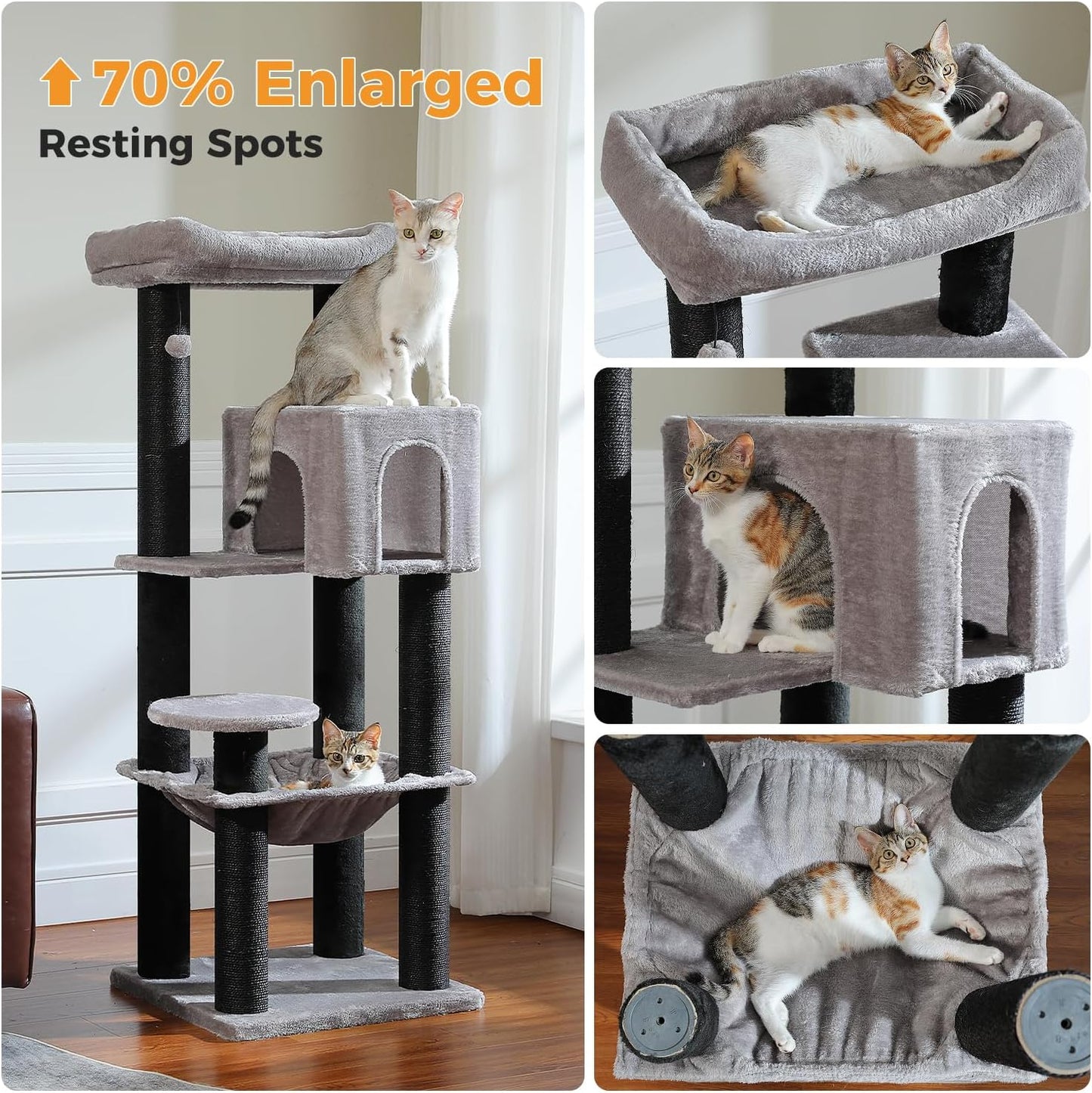 Cactus Cat Tree for Adult Cats with Super Large Top Perch, 56.3" Cat Tower for Cats with Plush Hammock, Dangling Pompom, Cat Scratching Posts and 2 Condos, Green House