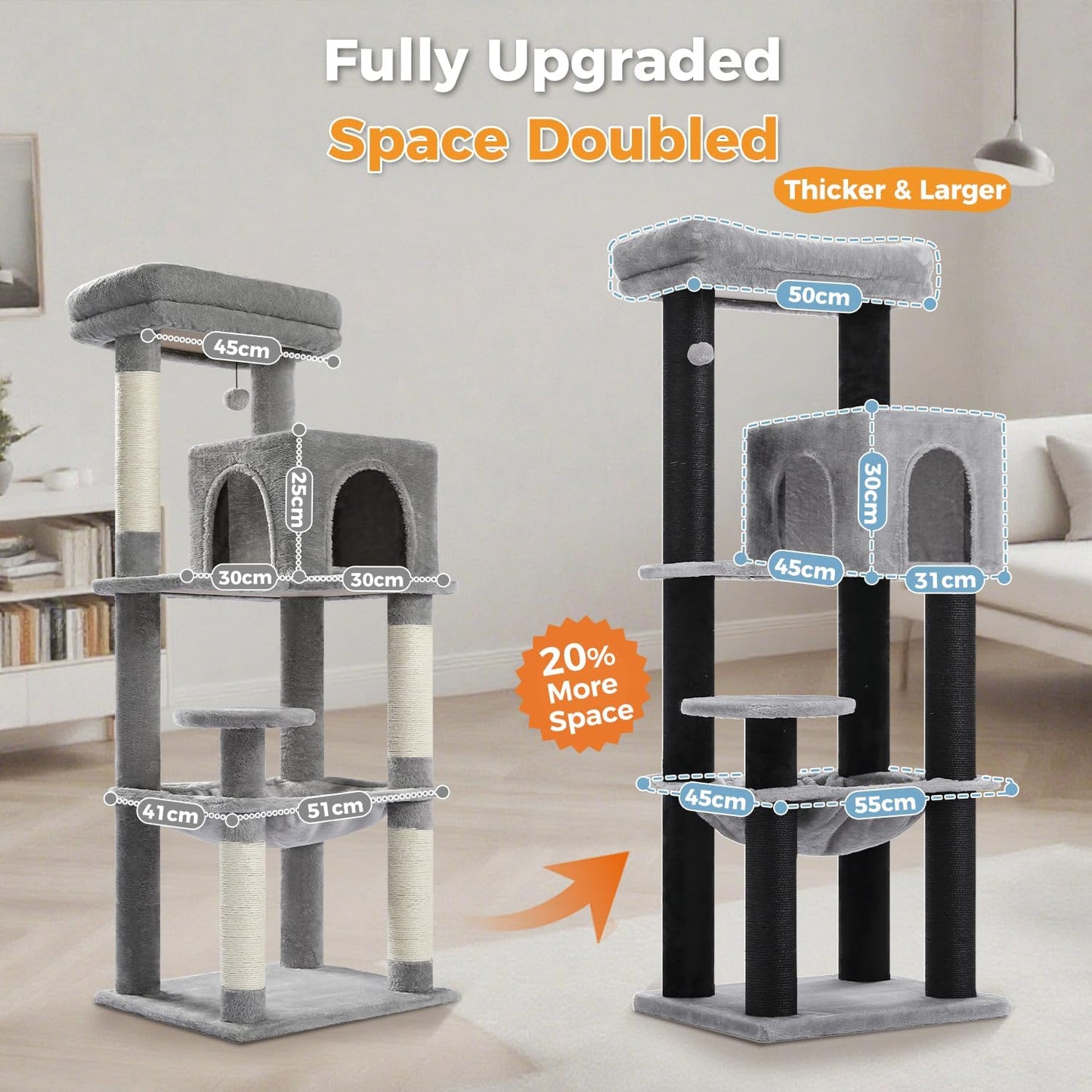 Cactus Cat Tree for Adult Cats with Super Large Top Perch, 56.3" Cat Tower for Cats with Plush Hammock, Dangling Pompom, Cat Scratching Posts and 2 Condos, Green House
