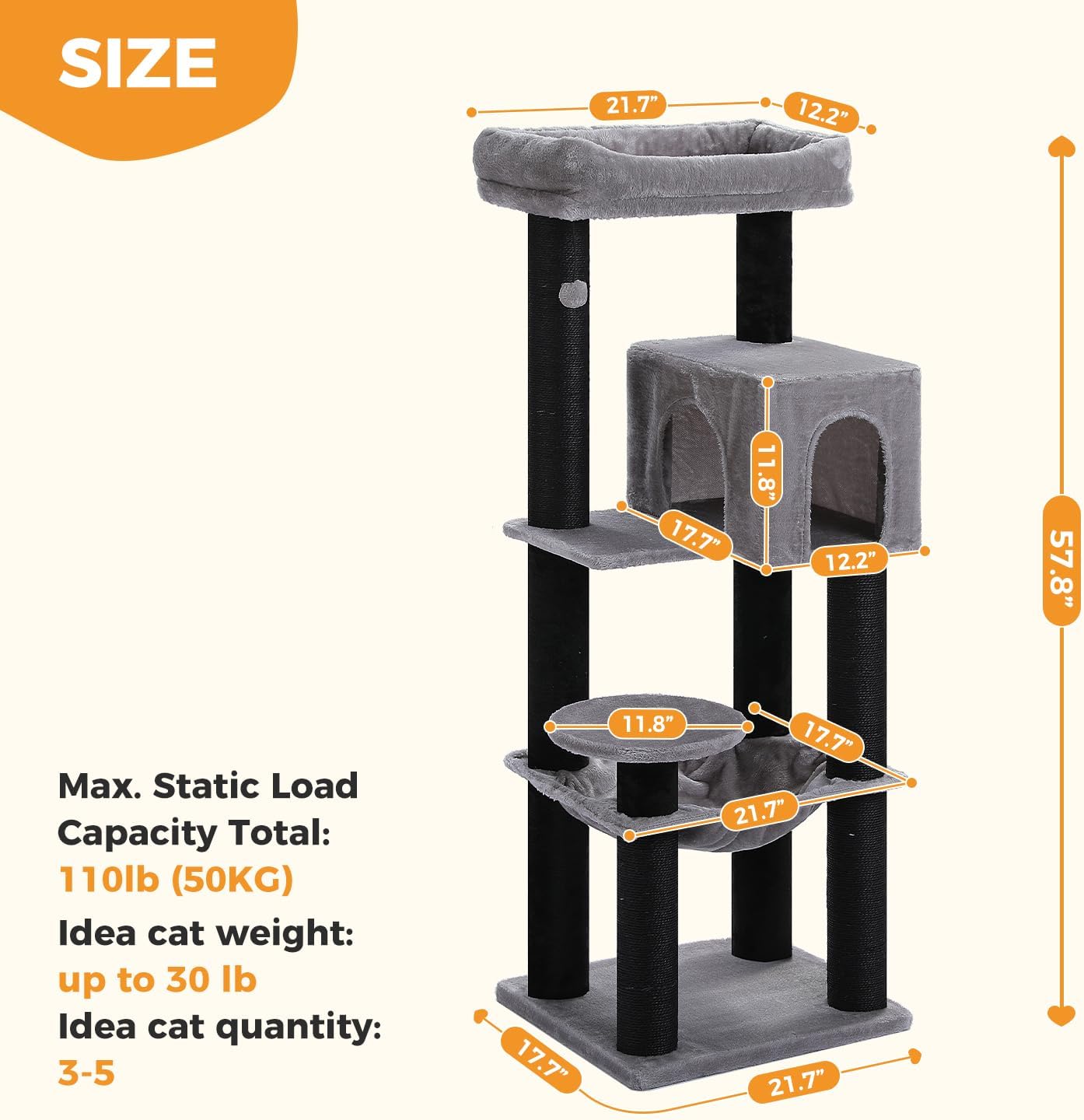 Cactus Cat Tree for Adult Cats with Super Large Top Perch, 56.3" Cat Tower for Cats with Plush Hammock, Dangling Pompom, Cat Scratching Posts and 2 Condos, Green House