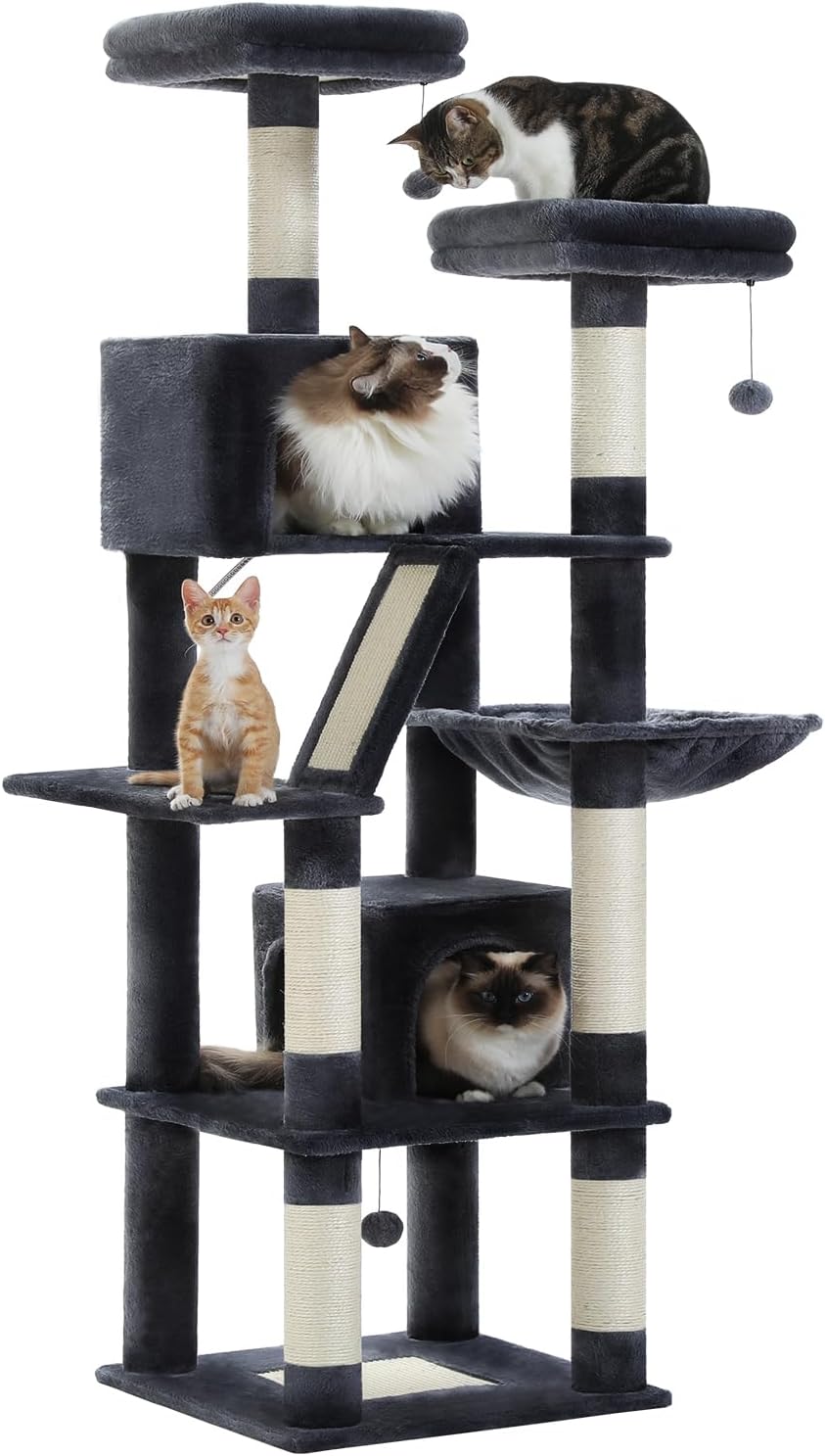 Cactus Cat Tree for Adult Cats with Super Large Top Perch, 56.3" Cat Tower for Cats with Plush Hammock, Dangling Pompom, Cat Scratching Posts and 2 Condos, Green House