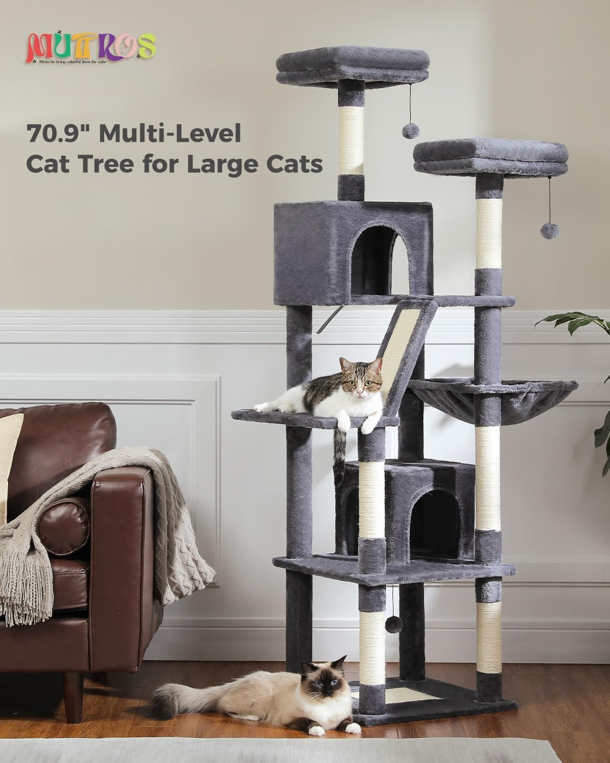 Cactus Cat Tree for Adult Cats with Super Large Top Perch, 56.3" Cat Tower for Cats with Plush Hammock, Dangling Pompom, Cat Scratching Posts and 2 Condos, Green House