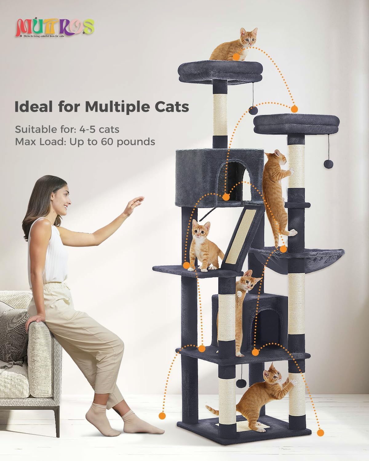 Cactus Cat Tree for Adult Cats with Super Large Top Perch, 56.3" Cat Tower for Cats with Plush Hammock, Dangling Pompom, Cat Scratching Posts and 2 Condos, Green House
