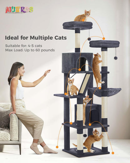 Cactus Cat Tree for Adult Cats with Super Large Top Perch, 56.3" Cat Tower for Cats with Plush Hammock, Dangling Pompom, Cat Scratching Posts and 2 Condos, Green House