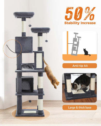 Cactus Cat Tree for Adult Cats with Super Large Top Perch, 56.3" Cat Tower for Cats with Plush Hammock, Dangling Pompom, Cat Scratching Posts and 2 Condos, Green House