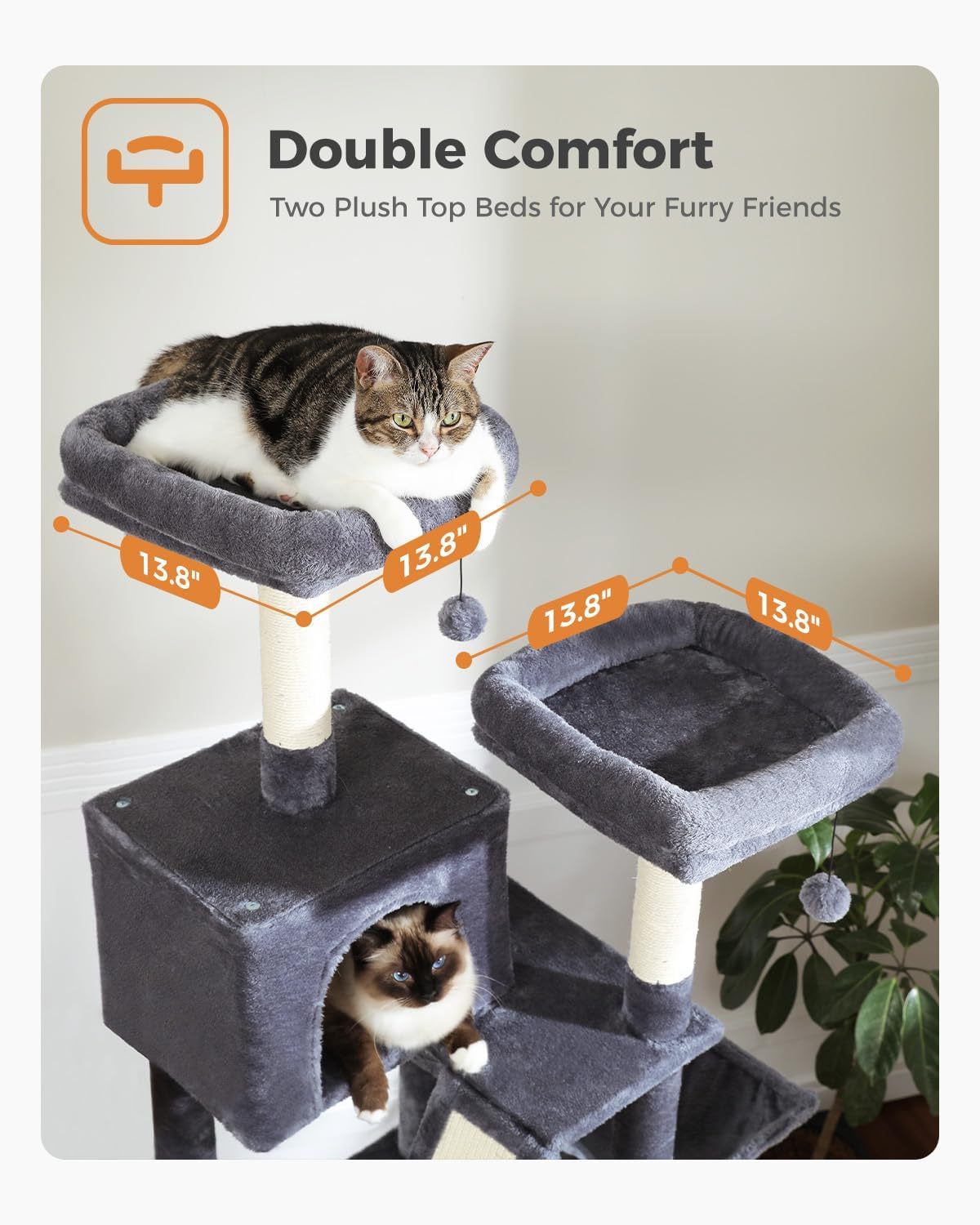 Cactus Cat Tree for Adult Cats with Super Large Top Perch, 56.3" Cat Tower for Cats with Plush Hammock, Dangling Pompom, Cat Scratching Posts and 2 Condos, Green House