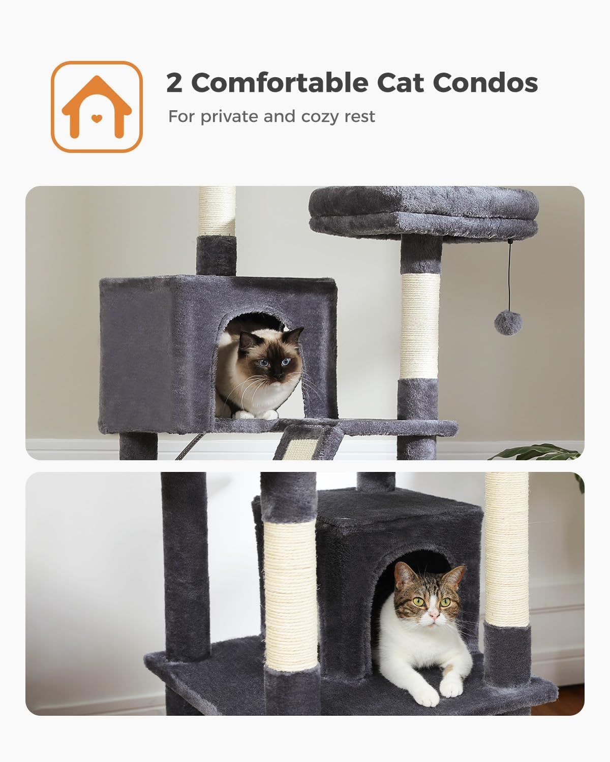 Cactus Cat Tree for Adult Cats with Super Large Top Perch, 56.3" Cat Tower for Cats with Plush Hammock, Dangling Pompom, Cat Scratching Posts and 2 Condos, Green House