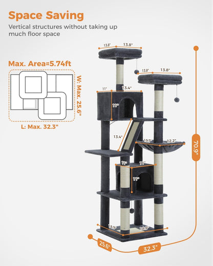 Cactus Cat Tree for Adult Cats with Super Large Top Perch, 56.3" Cat Tower for Cats with Plush Hammock, Dangling Pompom, Cat Scratching Posts and 2 Condos, Green House