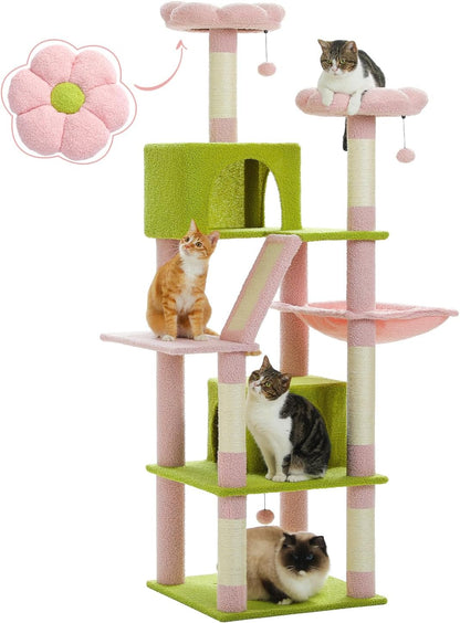 Cactus Cat Tree for Adult Cats with Super Large Top Perch, 56.3" Cat Tower for Cats with Plush Hammock, Dangling Pompom, Cat Scratching Posts and 2 Condos, Green House