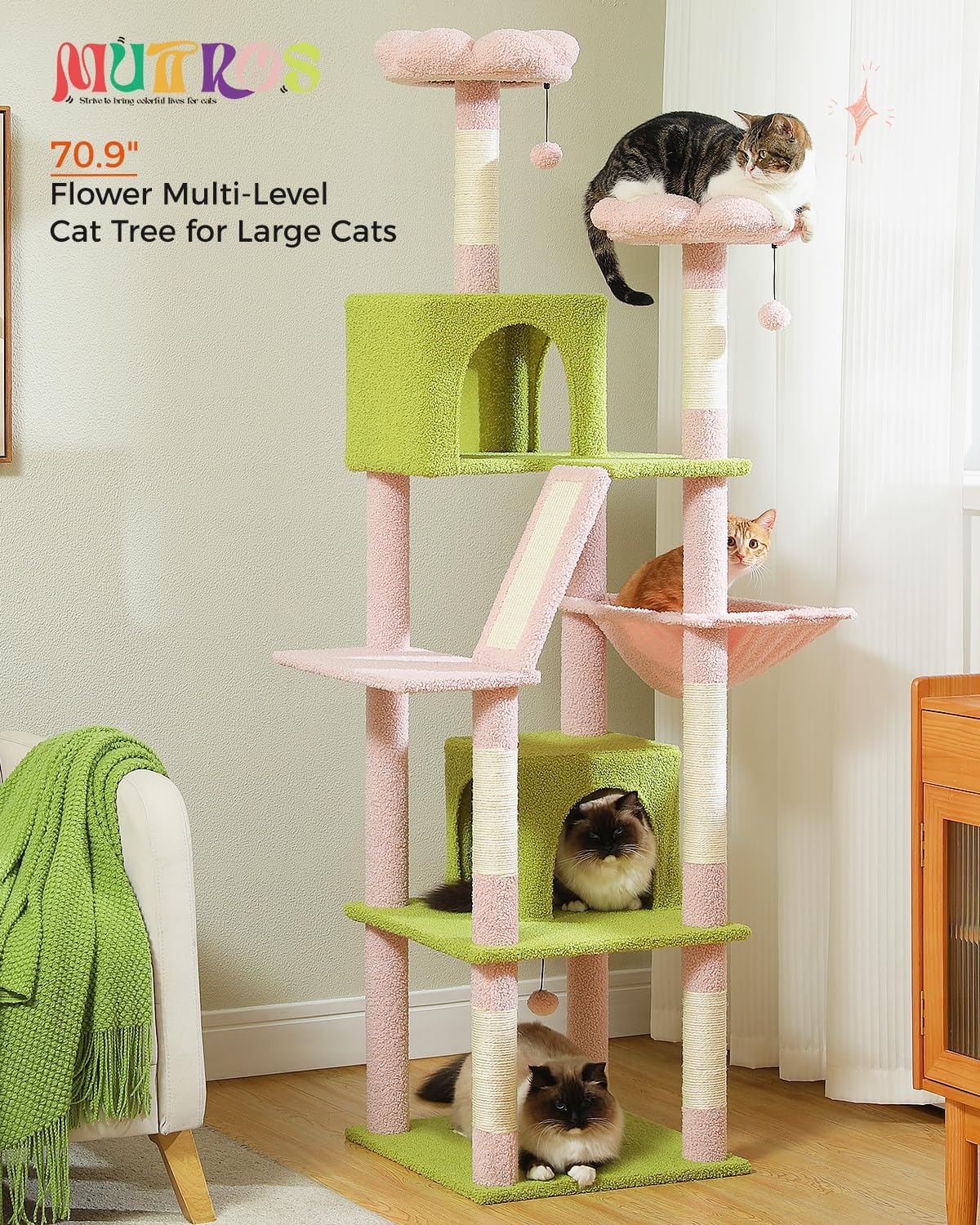 Cactus Cat Tree for Adult Cats with Super Large Top Perch, 56.3" Cat Tower for Cats with Plush Hammock, Dangling Pompom, Cat Scratching Posts and 2 Condos, Green House