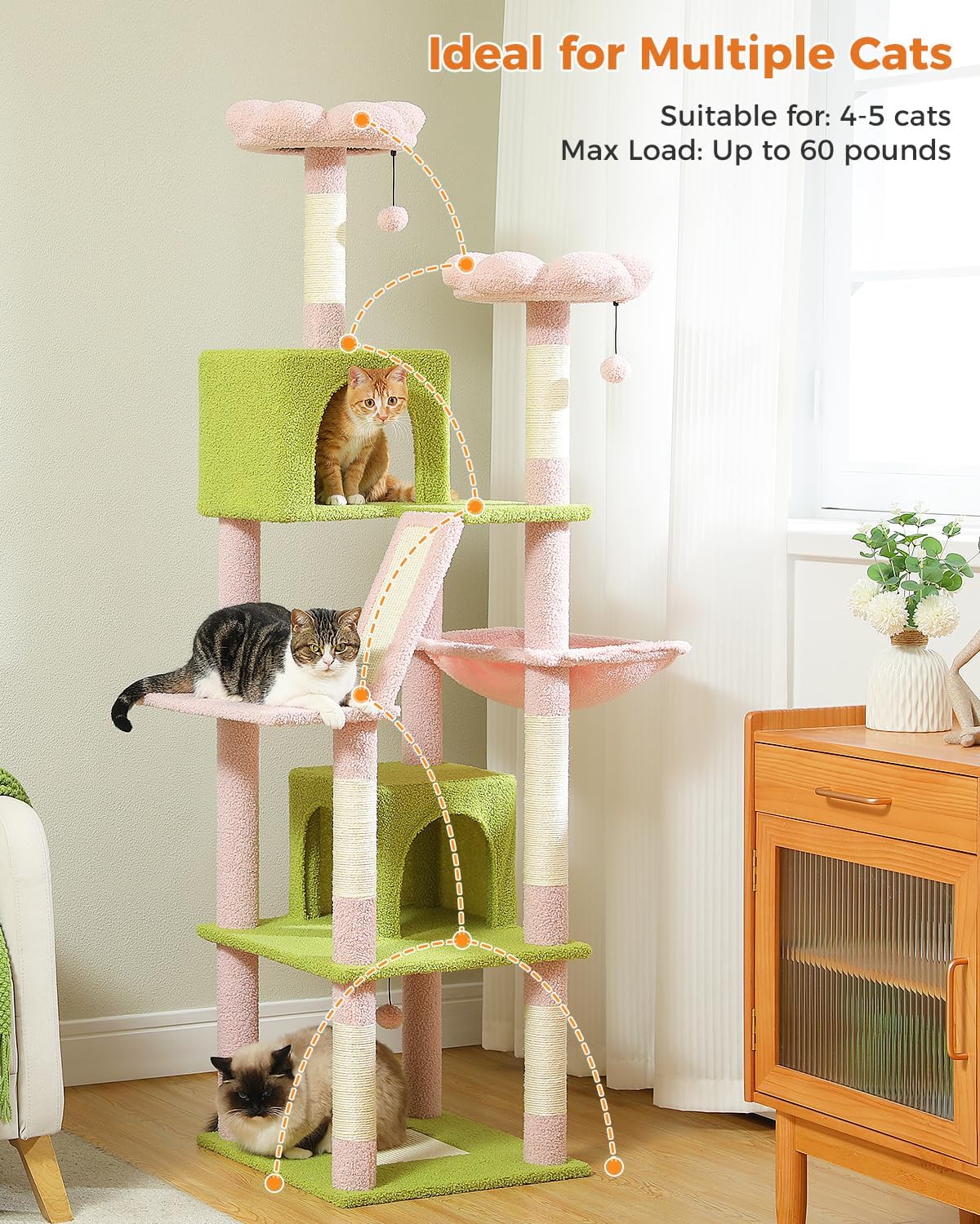 Cactus Cat Tree for Adult Cats with Super Large Top Perch, 56.3" Cat Tower for Cats with Plush Hammock, Dangling Pompom, Cat Scratching Posts and 2 Condos, Green House