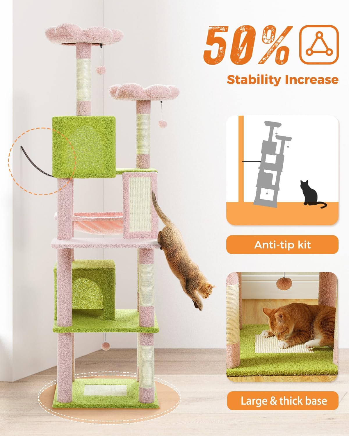 Cactus Cat Tree for Adult Cats with Super Large Top Perch, 56.3" Cat Tower for Cats with Plush Hammock, Dangling Pompom, Cat Scratching Posts and 2 Condos, Green House