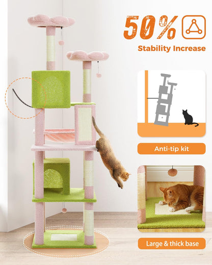 Cactus Cat Tree for Adult Cats with Super Large Top Perch, 56.3" Cat Tower for Cats with Plush Hammock, Dangling Pompom, Cat Scratching Posts and 2 Condos, Green House