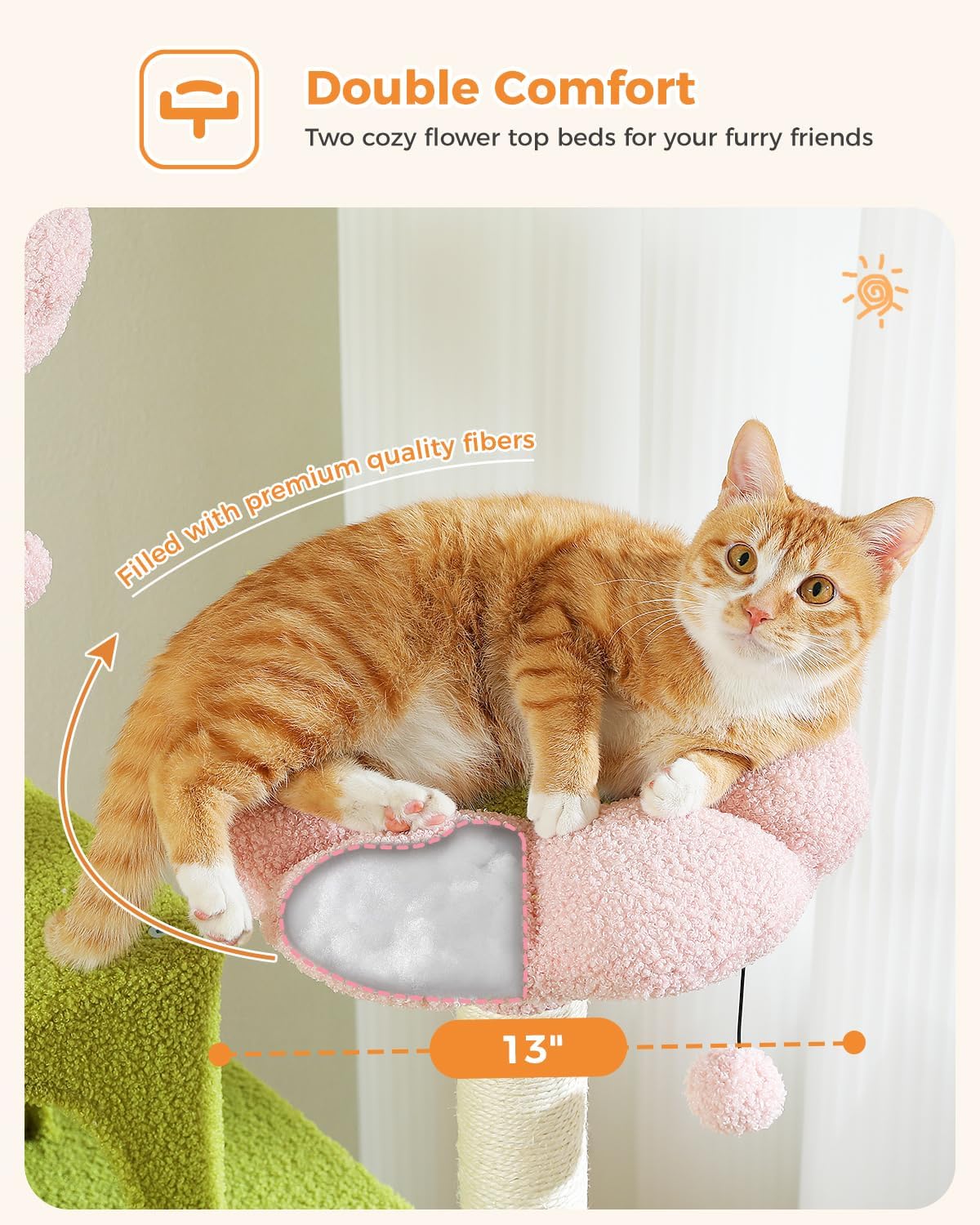Cactus Cat Tree for Adult Cats with Super Large Top Perch, 56.3" Cat Tower for Cats with Plush Hammock, Dangling Pompom, Cat Scratching Posts and 2 Condos, Green House