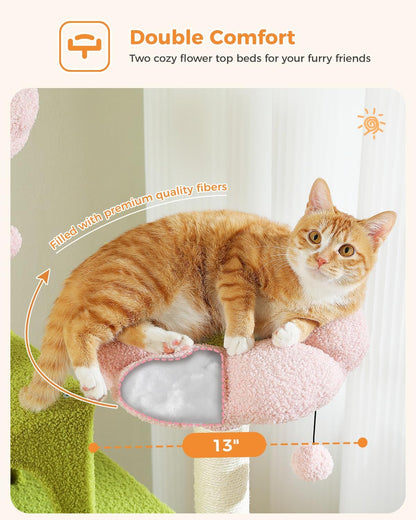 Cactus Cat Tree for Adult Cats with Super Large Top Perch, 56.3" Cat Tower for Cats with Plush Hammock, Dangling Pompom, Cat Scratching Posts and 2 Condos, Green House