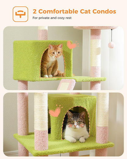 Cactus Cat Tree for Adult Cats with Super Large Top Perch, 56.3" Cat Tower for Cats with Plush Hammock, Dangling Pompom, Cat Scratching Posts and 2 Condos, Green House