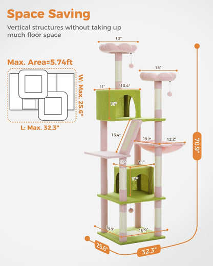 Cactus Cat Tree for Adult Cats with Super Large Top Perch, 56.3" Cat Tower for Cats with Plush Hammock, Dangling Pompom, Cat Scratching Posts and 2 Condos, Green House